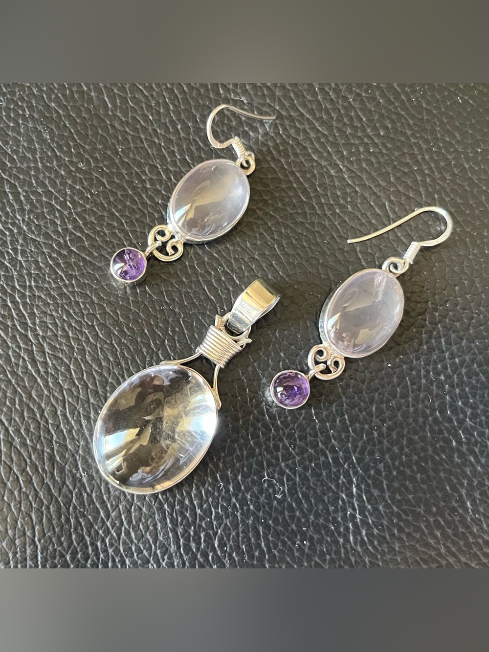 Sterling Silver Clear and Purple Gemstone Pendant & Earring Set